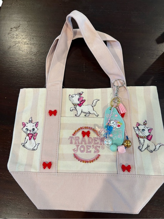 Trader Joe'S Handbags - Trader Joe's Pink Stripe Cat Canvas Tote with Charm